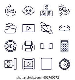 glossy icons set. Set of 16 glossy outline icons such as 24 hours, cloudy weather, baby, ABC cube, printer, medical cross, stopwatch, 24 support, satellite, stop, calculator