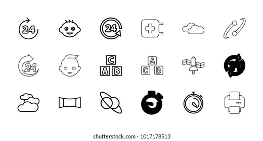 Glossy icons. set of 18 editable outline glossy icons: 24 hours, cloudy weather, baby, abc cube, planet and satellite, stopwatch, 24 support, panorama mode, printer