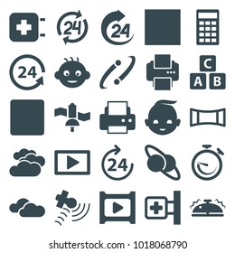 Glossy icons. set of 25 editable filled glossy icons such as 24 hours, cloudy weather, baby, abc cube, printer, medical cross, planet and satellite, 24 support, satellite