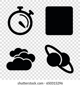 Glossy icons set. set of 4 glossy filled icons such as cloudy weather, stopwatch, stop