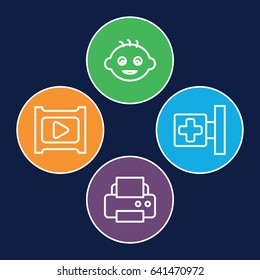 Glossy icons set. set of 4 glossy outline icons such as baby, printer, medical cross
