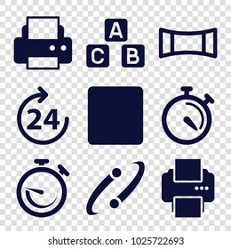 Glossy icons. set of 9 editable filled glossy icons such as 24 hours, printer, stopwatch, stop, panorama mode, abc cube