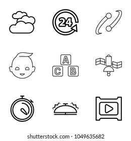 Glossy icons. set of 9 editable outline glossy icons such as cloudy weather, stopwatch, 24 support, play, bell, baby, abc cube, planet and satellite