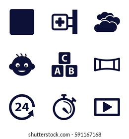 glossy icons set. Set of 9 glossy filled icons such as cloudy weather, baby, ABC cube, medical cross, stopwatch, 24 support, stop, panorama mode
