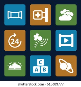Glossy icons set. set of 9 glossy filled icons such as 24 hours, cloudy weather, ABC cube, medical cross, satellite, play, panorama mode, bell