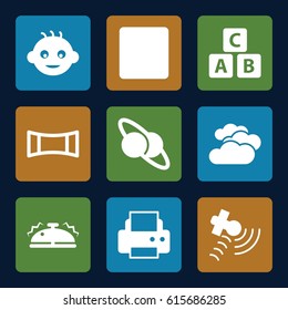 Glossy icons set. set of 9 glossy filled icons such as cloudy weather, baby, ABC cube, printer, satellite, stop, panorama mode, bell