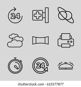 Glossy icons set. set of 9 glossy outline icons such as 24 hours, cloudy weather, printer, medical cross, stopwatch, 24 support, panorama mode, bell