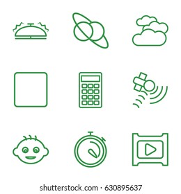 Glossy icons set. set of 9 glossy outline icons such as cloudy weather, baby, stopwatch, satellite, stop, calculator, play, bell