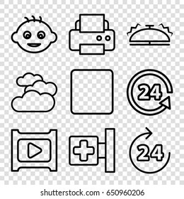 Glossy icons set. set of 9 glossy outline icons such as 24 hours, cloudy weather, baby, printer, medical cross, 24 support, stop, play