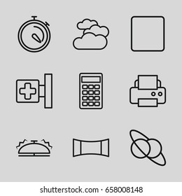 Glossy icons set. set of 9 glossy outline icons such as cloudy weather, printer, medical cross, stopwatch, stop, calculator, panorama mode, bell