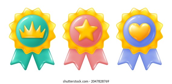 Glossy icons set with golden heart, star and crown symbols on medal with ribbon. 3d convex minimalist style. Rating or status signs, customers feedback, like. Mark for sales leader. Vector.