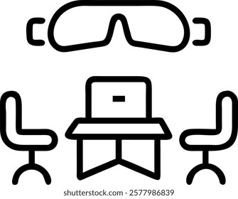 Glossy image of an open office with VR workstations and copy space concept as A glossy image showcasing an open office layout with dedicated VR workstations featuring VR headsets a