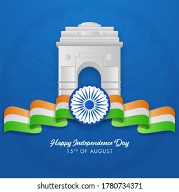 Glossy India Gate With Ashoka Wheel And Wavy Tricolor Ribbon On Blue Background For 15th August, Happy Independence Day.