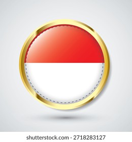 Botón brillante del círculo de la bandera de Indonesia con el marco de oro elegante