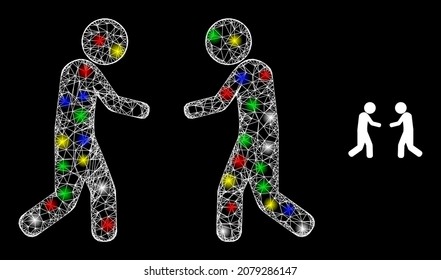 Glossy intersected mesh friends meeting icon with glitter effect on a black background. Light colorful vector mesh is created from friends meeting icon, with white mesh and stardust light spots.