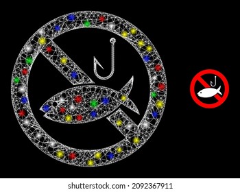 Glossy intersected mesh restricted fishing icon with glow effect on a dark background. Light colored vector mesh is created from restricted fishing symbol, with white mesh and colored lightspots.