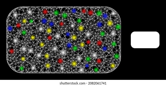 Glossy intersected mesh rounded rectangle icon with glow effect on a dark background. Light multi colored vector model created from rounded rectangle icon, with white mesh and majestic light spots.