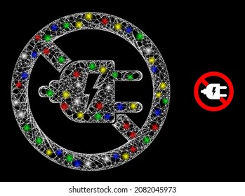 Glossy intersected mesh stop electricity icon with glow effect on a dark background. Light colored vector mesh created from stop electricity icon, with white mesh and colored light dots.