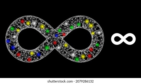 Glossy intersected net infinity icon with glitter effect on a dark background. Light colorful vector mesh created from infinity icon, with white mesh and stardust light dots.