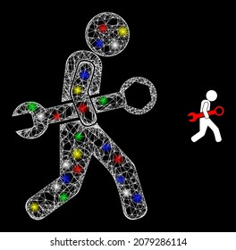Glossy intersected net mesh guy steal wrench icon with glow effect on a dark background. Light colorful vector mesh created from guy steal wrench icon, with white mesh and multicolored light spots.