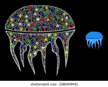 Glossy intersected net mesh jelly fish icon with glow effect on a dark background. Light multi colored vector model is created from jelly fish pictogram, with white mesh and colored light dots.