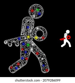 Glossy intersected net mesh key burglar icon with glare effect on a dark background. Light multicolored vector constellation created from key burglar icon, with white mesh and glitter light spots.