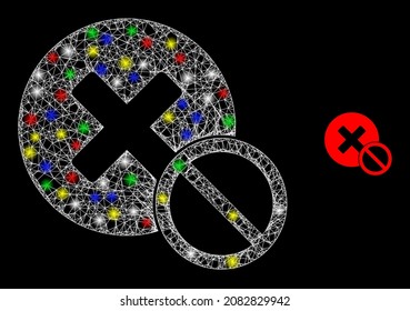 Glossy intersected net mesh not negative icon with glitter effect on a dark background. Bright colored vector model created from not negative symbol, with white mesh and bright lightspots.