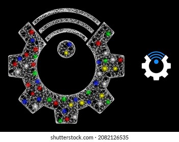 Glossy intersected net mesh smart gear icon with glow effect on a black background. Light multicolored vector constellation is created from smart gear icon,
