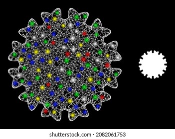 Glossy intersected network virus icon with glitter effect on a black background. Light multicolored vector structure is created from virus pictogram, with white mesh and multicolored light dots.