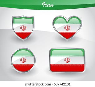 Glossy Iran flag icon set with shield, heart, circle and rectangle shapes in silver frame. Vector illustration.