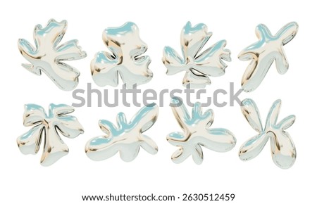 Glossy Iridescent Abstract Blob Shape. A complete collection of 8 glossy iridescent abstract blobs featuring split arms petal clusters curved spikes and soft silhouettes. Perfect for fluid 3d assets