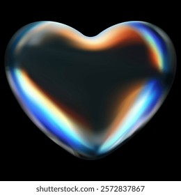 Glossy iridescent heart with a dark gradient surface reflecting vibrant rainbow tones on a black background. Modern abstract design symbolizing love and mystery