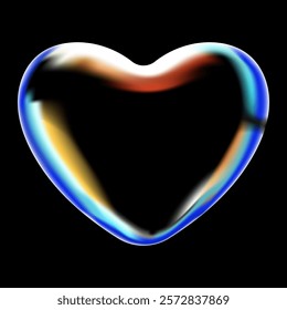 Glossy iridescent heart with a dark gradient surface reflecting vibrant rainbow tones on a black background. Modern abstract design symbolizing love and mystery