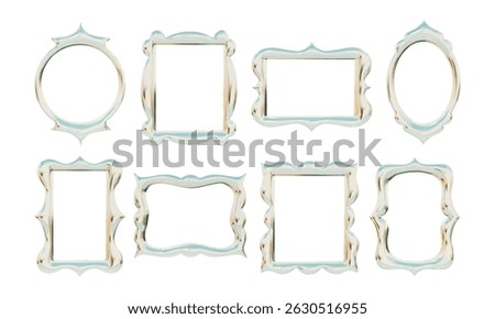 Glossy Iridescent Ornamental Frame Shape. A complete collection of 8 glossy iridescent frame shapes featuring rounded corners pinched edges wavy borders. Perfect for decorative layouts digital borders
