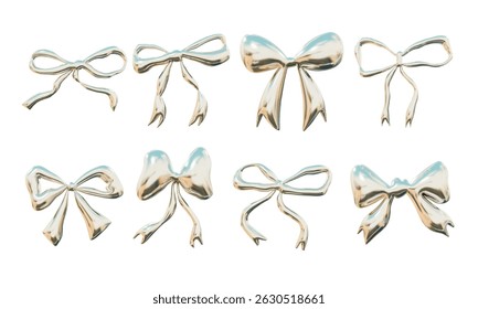Glossy Iridescent Ribbon Bow Shape. A complete collection of 8 glossy iridescent ribbon bows featuring wide loops curved tails folded corners. Perfect for abstract layouts elegant visuals