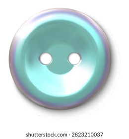 Glossy iridescent sewing button 3D vector element. Round two hole button with pearlescent shine, isolated fastener graphic for apparel, garment, tailoring, haberdashery and fabric repair.