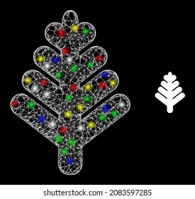 Glossy irregular mesh forest tree icon with glitter effect on a dark background. Illuminated colored vector structure is created from forest tree icon, with white mesh and stardust light dots.