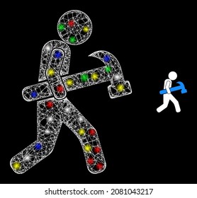 Icono de la malla brillante irregular de la malla de la correa martillo con efecto de brillo sobre el fondo negro. Estructura vectorial de color luminoso creada a partir del icono de la curvadora de martillo, con malla blanca y focos luminosos.