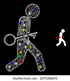 Glossy irregular mesh key robber icon with glare effect on a black background. Bright multi colored vector constellation is created from key robber icon, with white mesh and colored light spots.