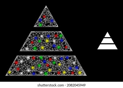 Glossy irregular mesh pyramide icon with glitter effect on a dark background. Bright multi colored vector structure is created from pyramide icon, with white mesh and glitter light dots.