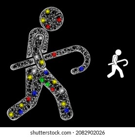 Glossy irregular mesh robber icon with glow effect on a black background. Bright colored vector mesh created from robber icon, with white mesh and vibrant light spots. Light frame mesh robber.