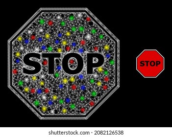 Glossy irregular mesh stop octagon sign icon with glare effect on a black background. Light colorful vector mesh is created from stop octagon sign icon, with white mesh and stardust light dots.