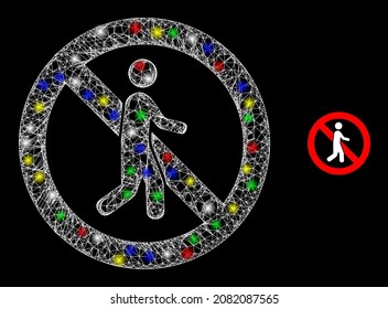 Glossy irregular mesh stop pedestrian icon with glitter effect on a dark background. Light multi colored vector constellation created from stop pedestrian pictogram,