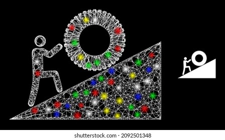 Glossy irregular net mesh man rolling tire up icon with glow effect on a black background. Bright multi colored vector mesh created from man rolling tire up icon, with white mesh and magic light dots.
