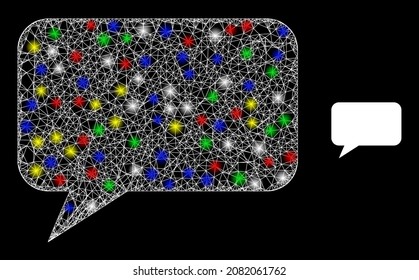 Glossy irregular net mesh message cloud icon with glitter effect on a black background. Illuminated multicolored vector mesh created from message cloud icon, with white mesh and glitter lightspots.