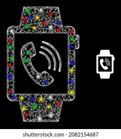 Icono de relojes de malla neta irregulares brillante con efecto de brillo en un fondo oscuro. Estructura vectorial de color brillante creada a partir del icono de relojes de teléfono, con malla blanca y focos luminosos.