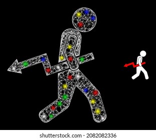 Glossy irregular net mesh trend down robber icon with glow effect on a black background. Light colorful vector structure is created from trend down robber icon,