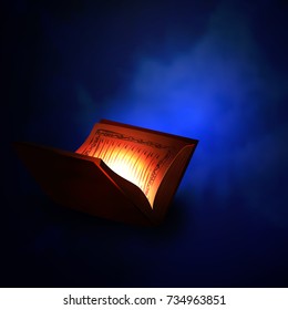 Glossy Islamic Religious Book Quran Shareef silhouetted shiny background for Muslim Community Festival celebration.