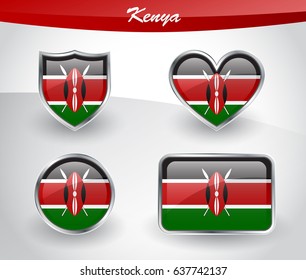 Glossy Kenya flag icon set with shield, heart, circle and rectangle shapes in silver frame. Vector illustration.