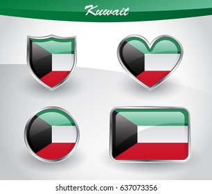 Glossy Kuwait flag icon set with shield, heart, circle and rectangle shapes in silver frame. Vector illustration.